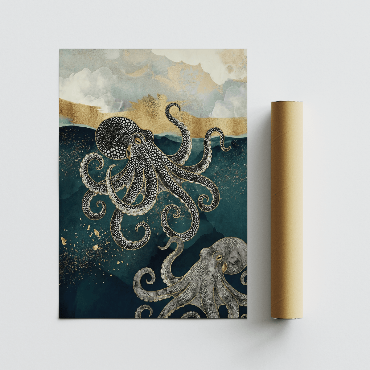 Modern Octopus Wall Art print with two octopuses in blue and gold tones beside a brown packaging tube
