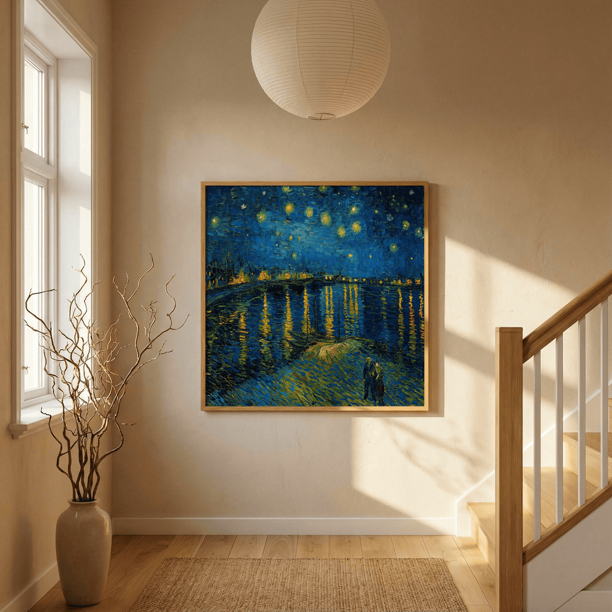 Impasto wall art of night sky with stars in blue and yellow hung by a staircase with a paper lantern