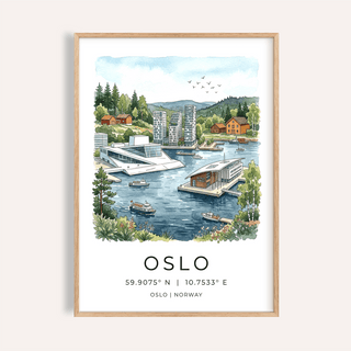 Framed Oslo City Art Print of a waterfront scene with boats and buildings in watercolour style