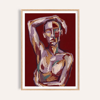 Abstract Figure and Floral Wall Art Set print of an abstract female figure in purple and beige tones on a burgundy background