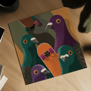 Close-up of Urban Animal Art showing pigeons with a bright orange skateboard on a wooden surface