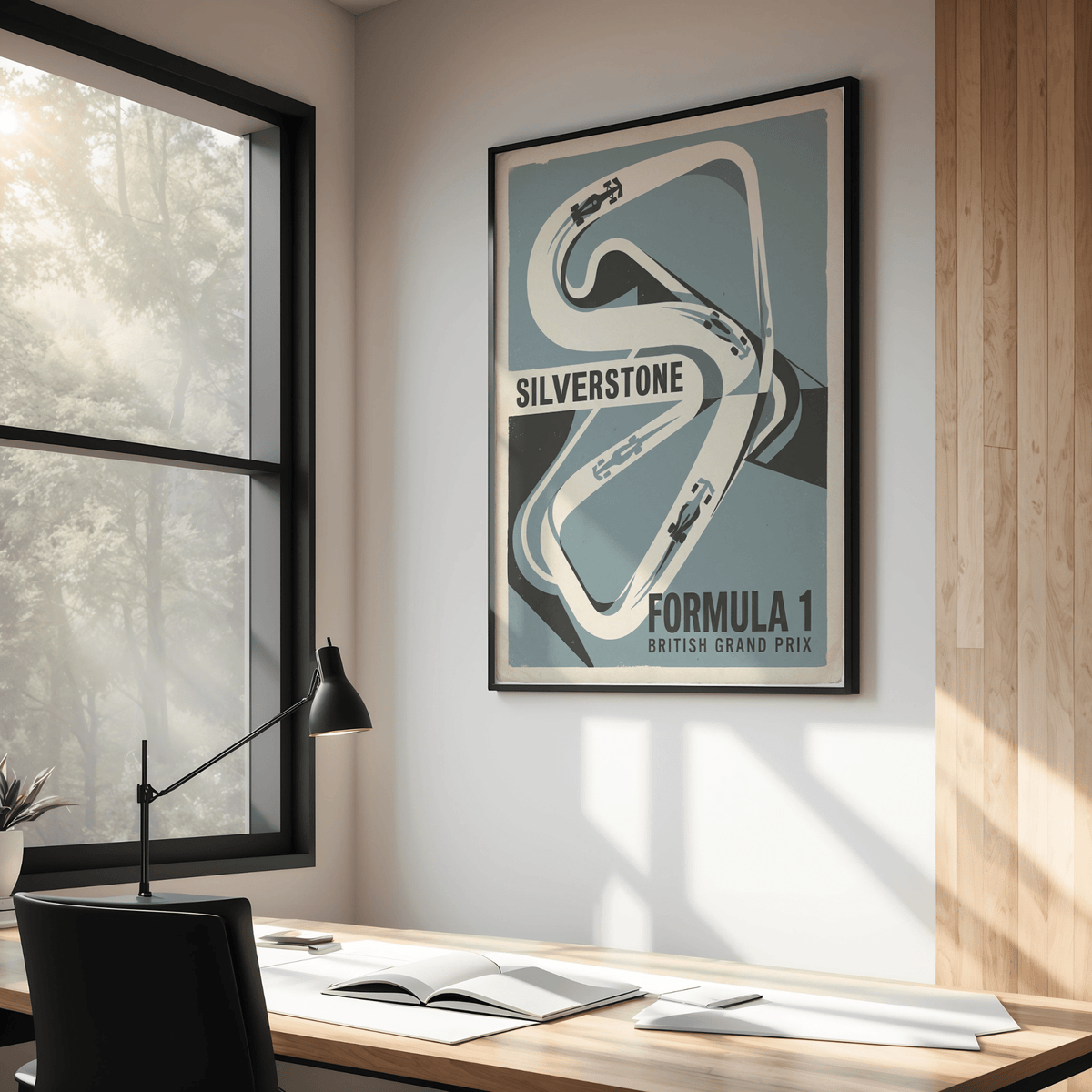 British Race Track Map Poster framed print on a wall by window with black desk lamp