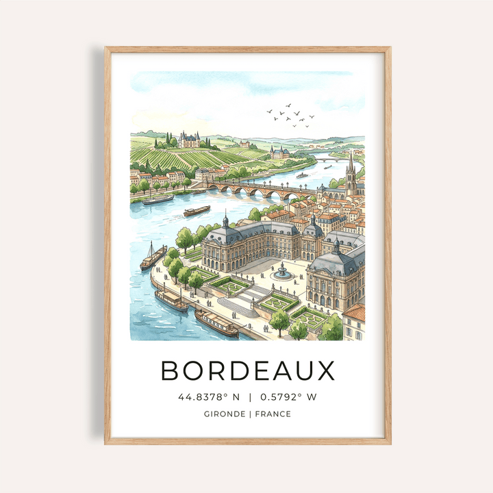 Framed Bordeaux City Art illustration with watercolour of cityscape and river scene