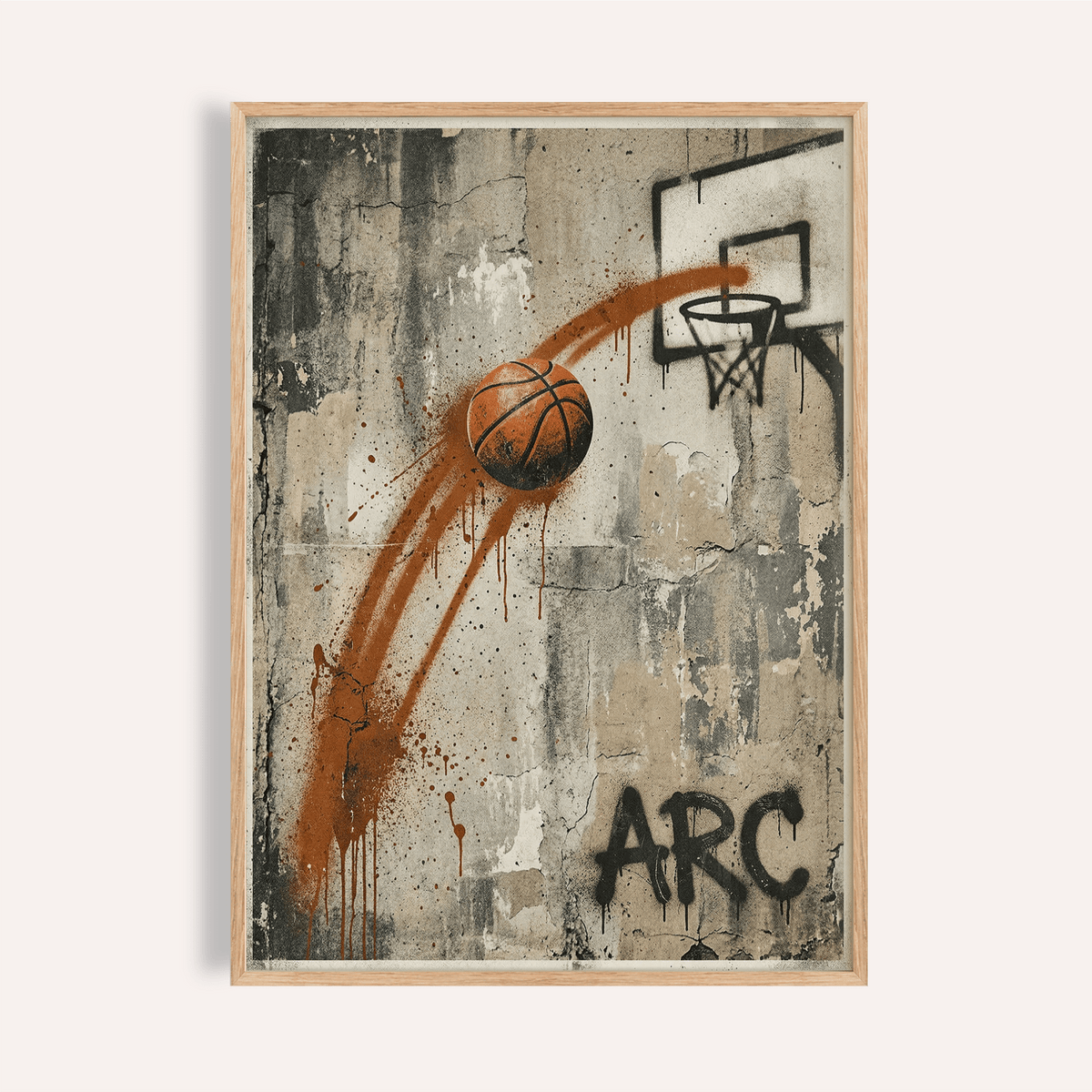 Basketball graffiti wall art of a basketball arc in orange and black with a concrete style background