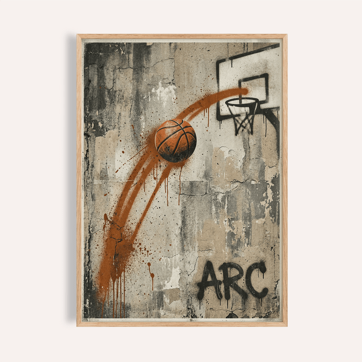 Basketball graffiti wall art of a basketball arc in orange and black with a concrete style background