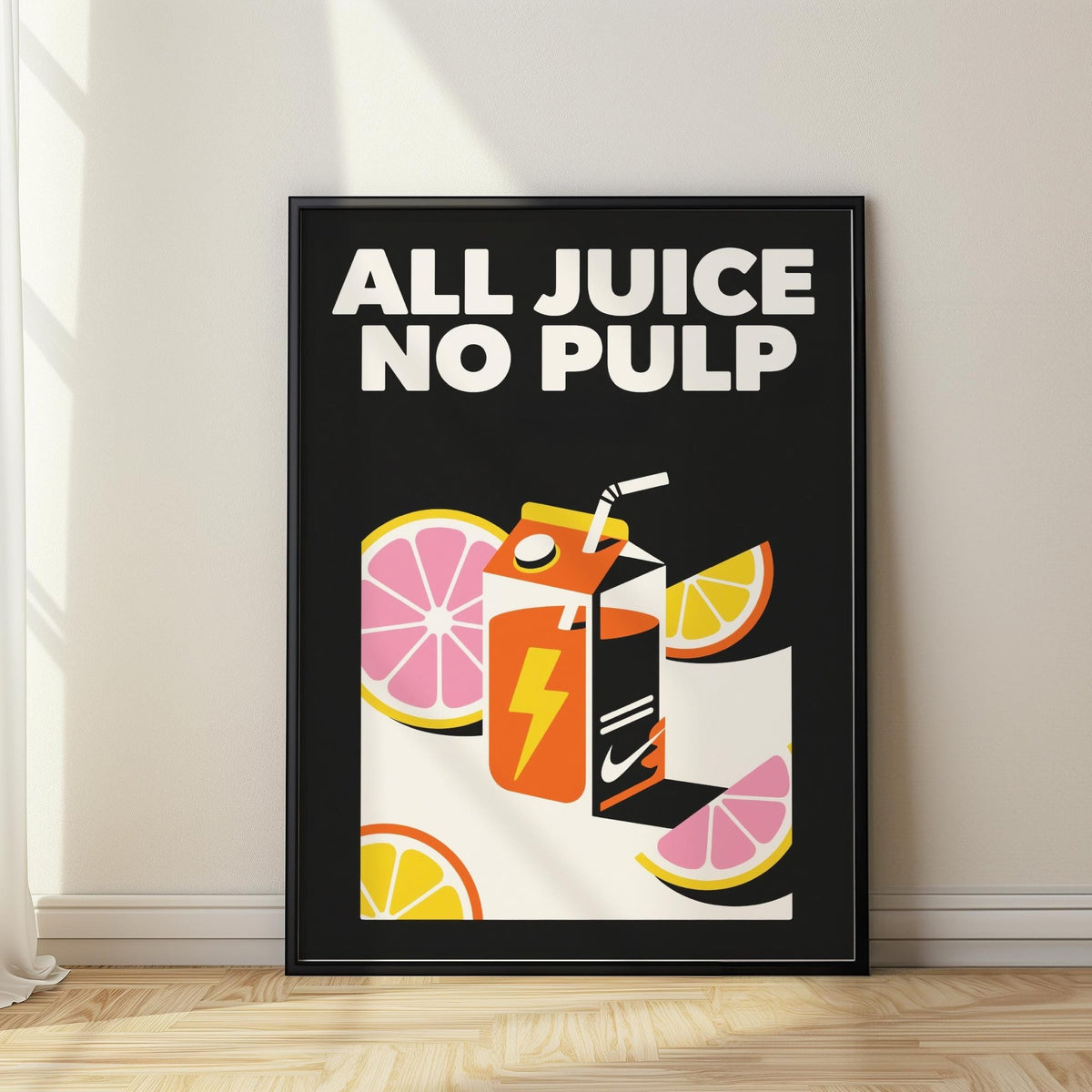 Framed Pop Art Poster with orange juice carton and citrus slices in black and pastel colours