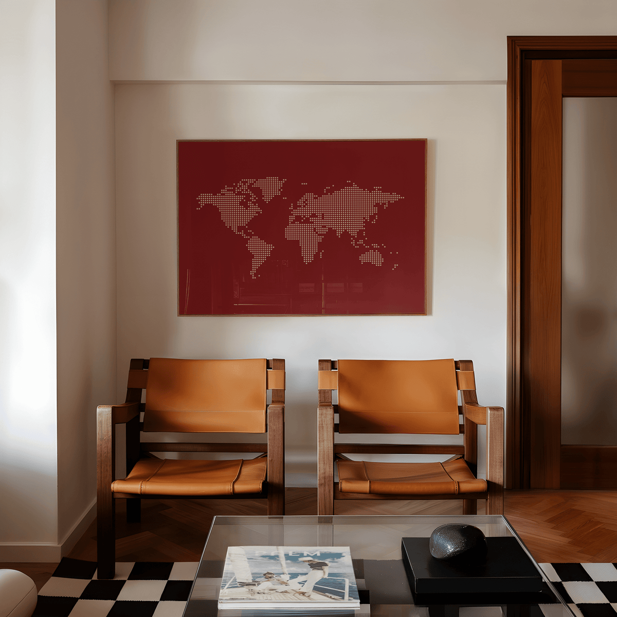 World Map Wall Poster hanging on a white wall above two brown leather chairs and a glass coffee table