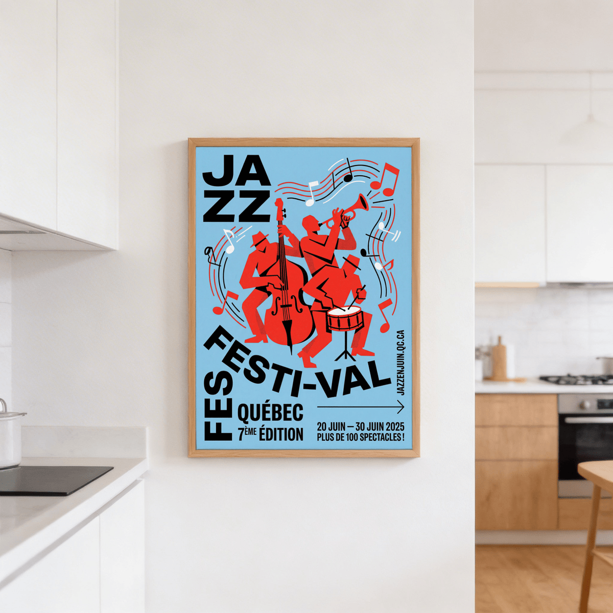 Musical Event wall art of a red jazz band with black typography on a blue background in a modern kitchen