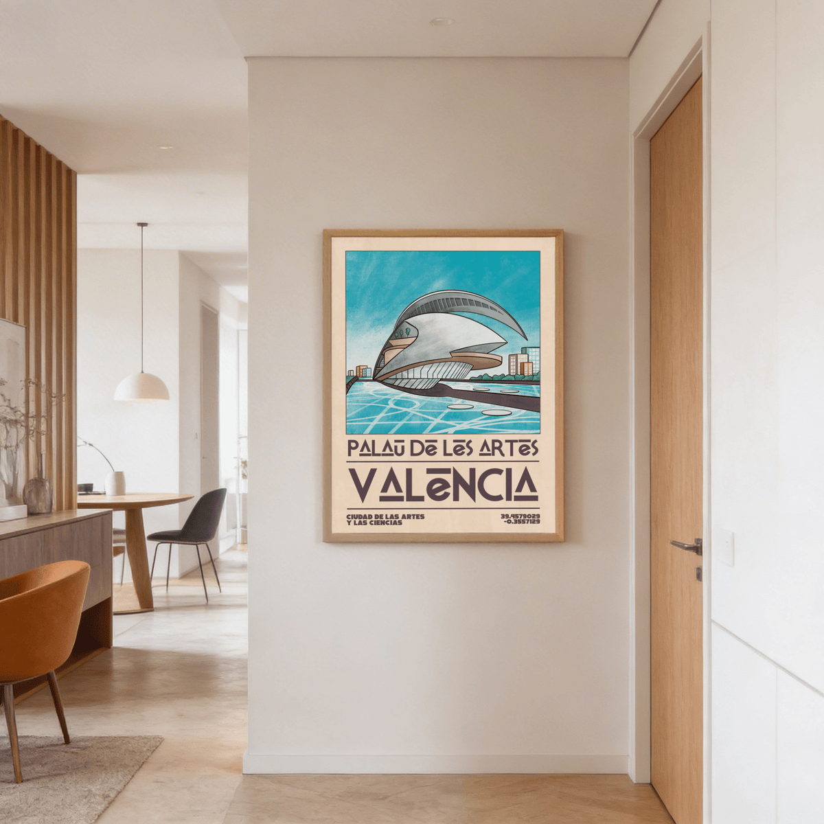 Valencia Architecture Print of the Palau de les Arts building in blues and greys on a white wall with a chair nearby