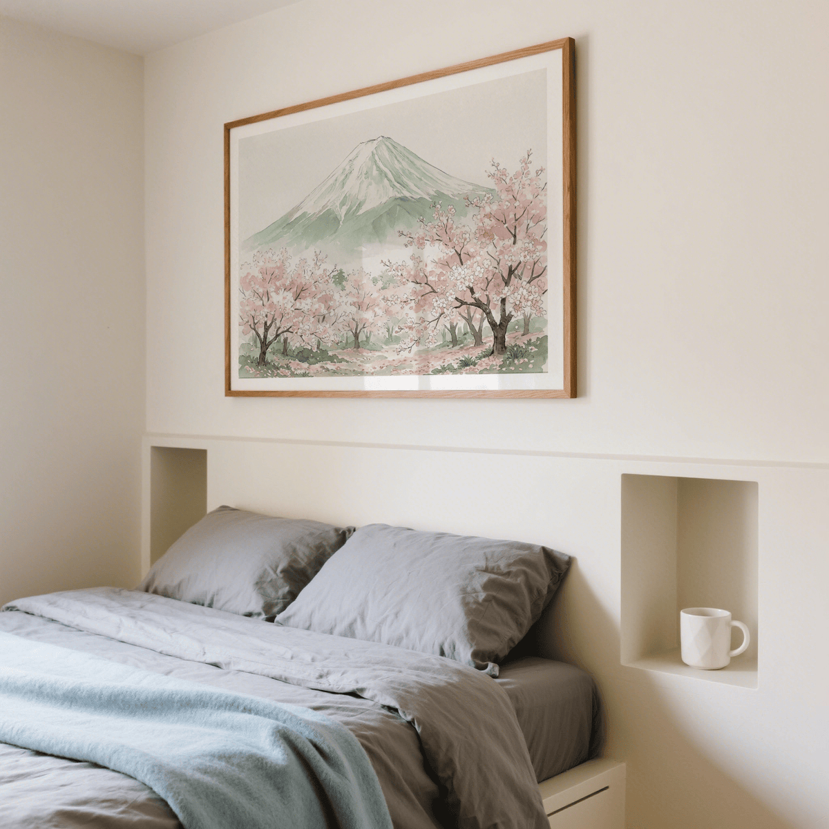 Mount Fuji print with cherry blossom trees above a bed with grey bedding in a bedroom