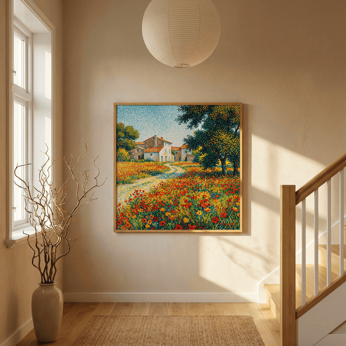 Flower Field Art Print on a hallway wall with natural light and a floor vase beside a wooden staircase