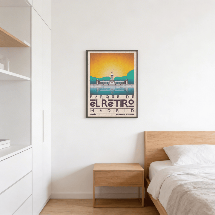 Madrid Landscape Poster framed print of retro illustrated retirement park monument with orange sky in a bedroom above a wooden bedside table