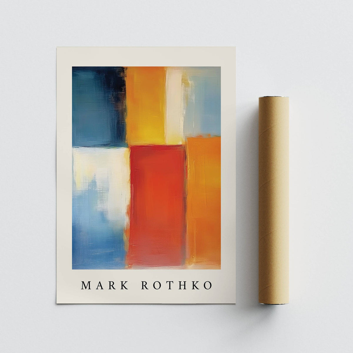 Mark Rothko Orange Red and Yellow print with a colour block design beside a brown packaging tube