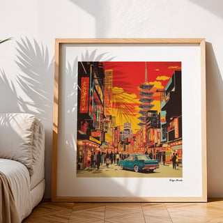 Japonise Art framed print of a retro Tokyo street scene with a blue car leaning on the floor by a sofa
