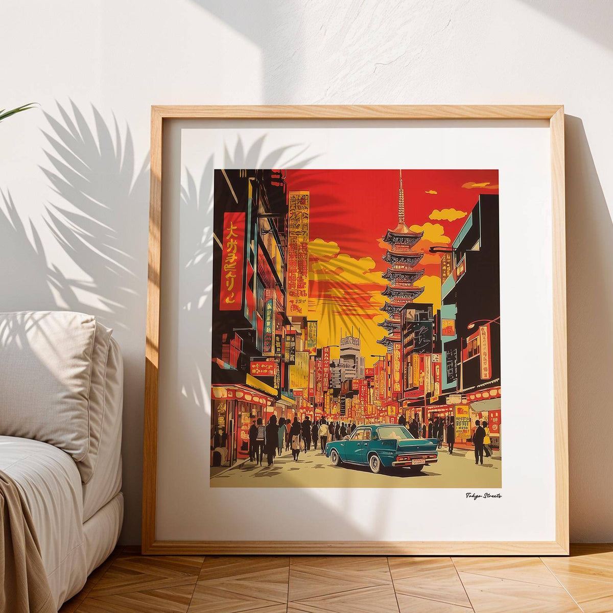 Japonise Art framed print of a retro Tokyo street scene with a blue car leaning on the floor by a sofa