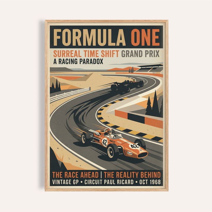 Front view of Surreal Racing Poster wall art showing vintage race cars on a curving track with bold typography