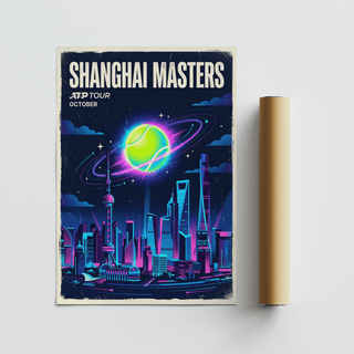 Shanghai Masters Tennis Print with a neon tennis ball planet over a purple and blue cityscape leaning beside a packaging tube