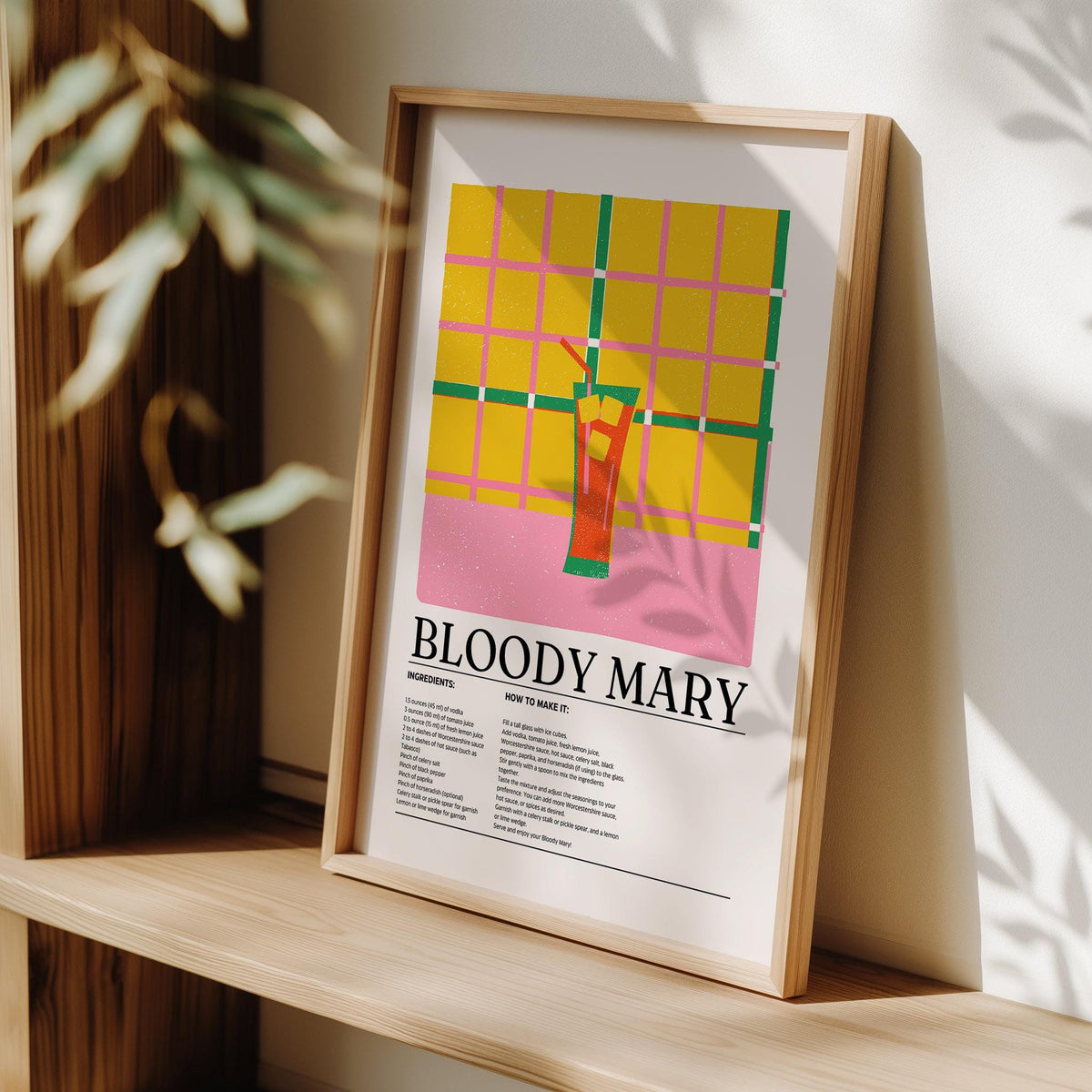Framed Retro Drink Poster of a Bloody Mary cocktail with yellow and pink grid background leaning on a wooden shelf