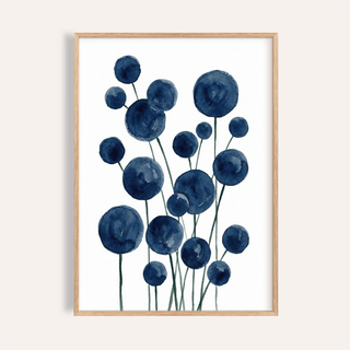 Watercolor flower print with abstract blue blossoms in a natural wooden frame