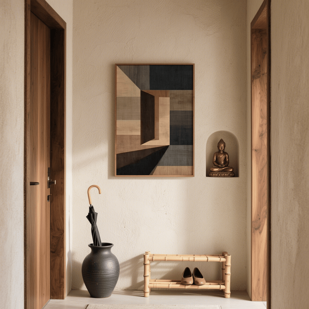 Abstract Geometric wall art with muted browns and greys in a narrow hallway with a Buddha statue and umbrella stand