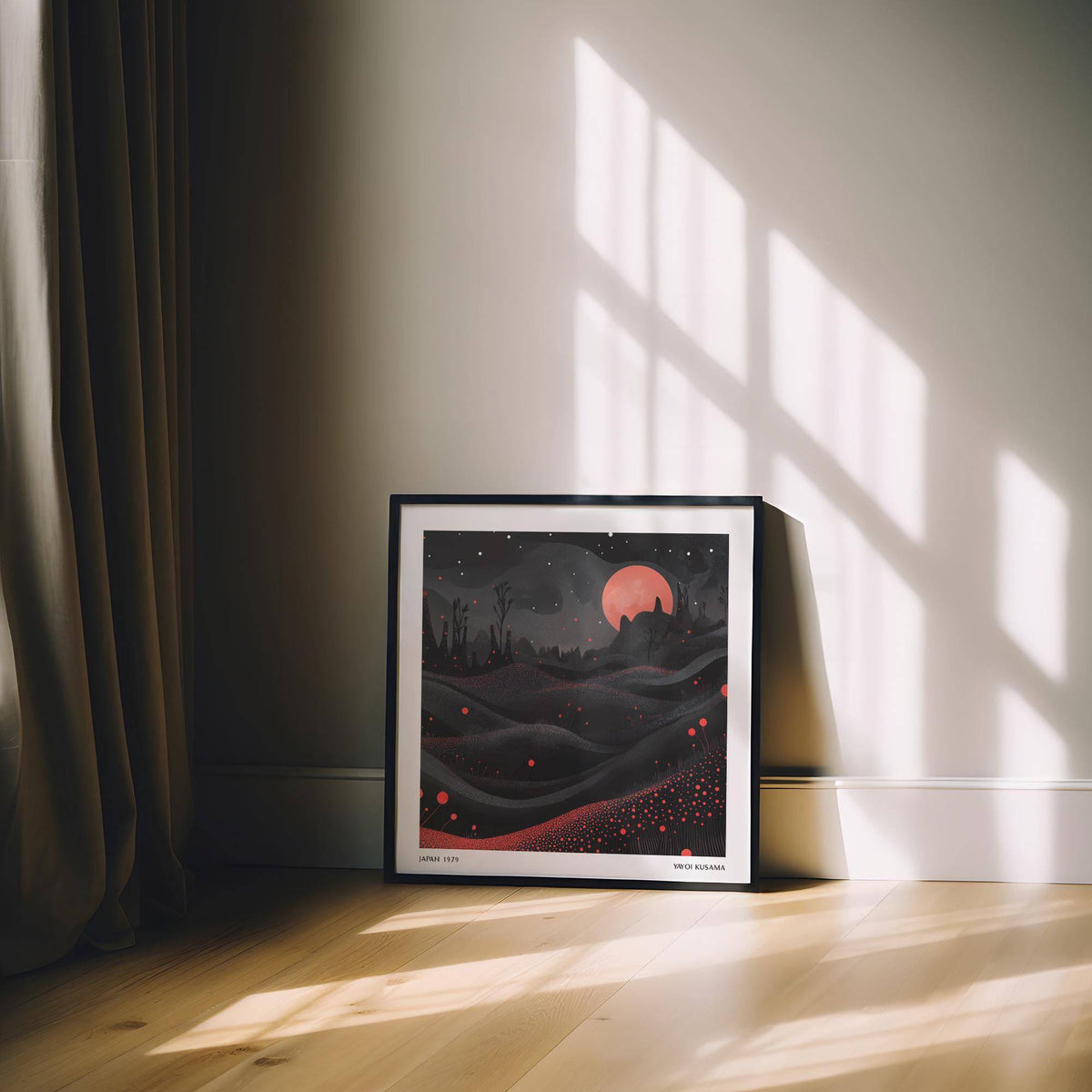 Framed Wall Moon Art of a red moon with dark abstract landscape leaning against a wall with sunlight