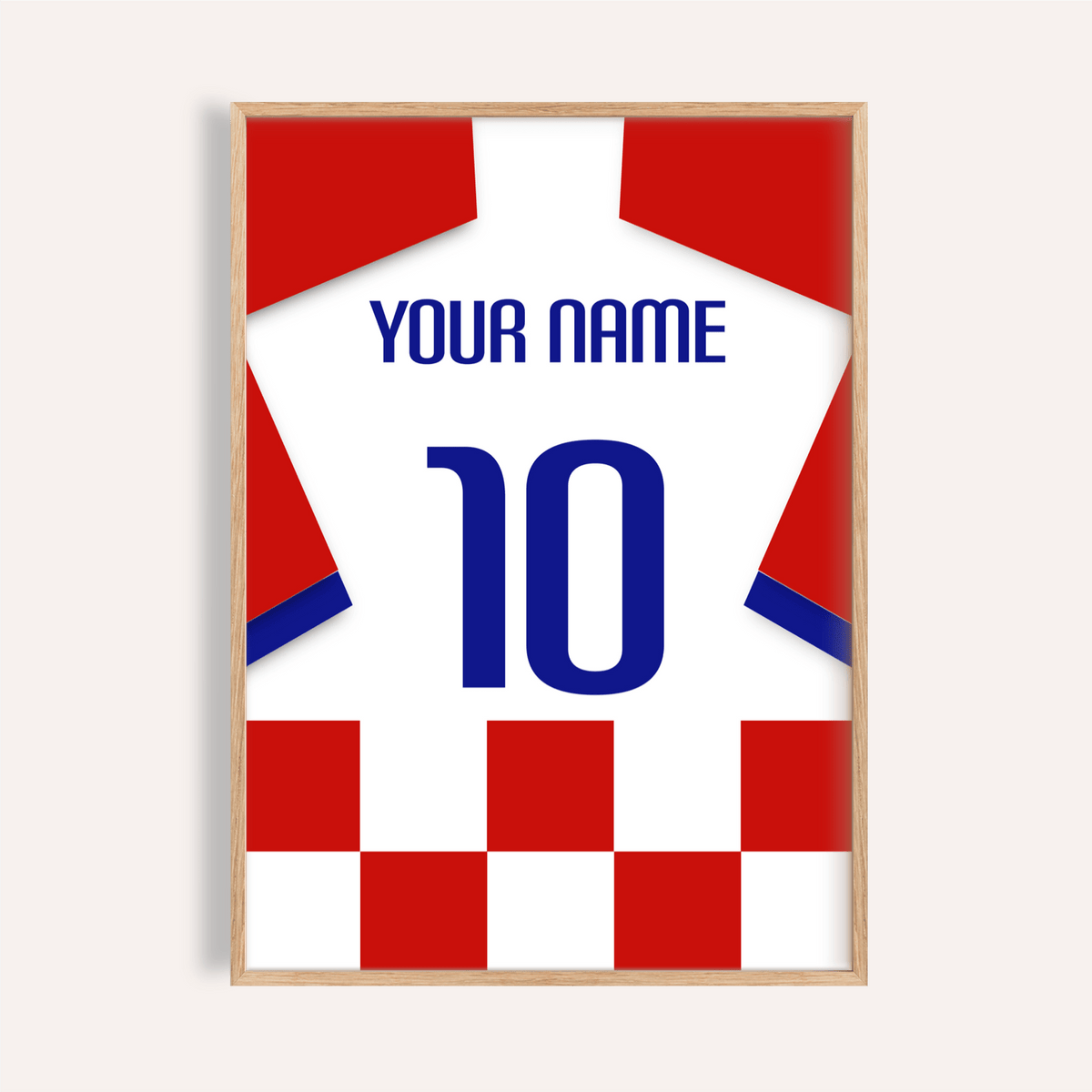 Framed close-up of football shirt poster in red and white checks with blue number 10 and text