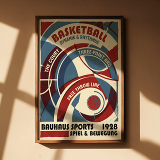 Framed Bauhaus basketball art print showing court diagram in red and blue with shadow on beige wall