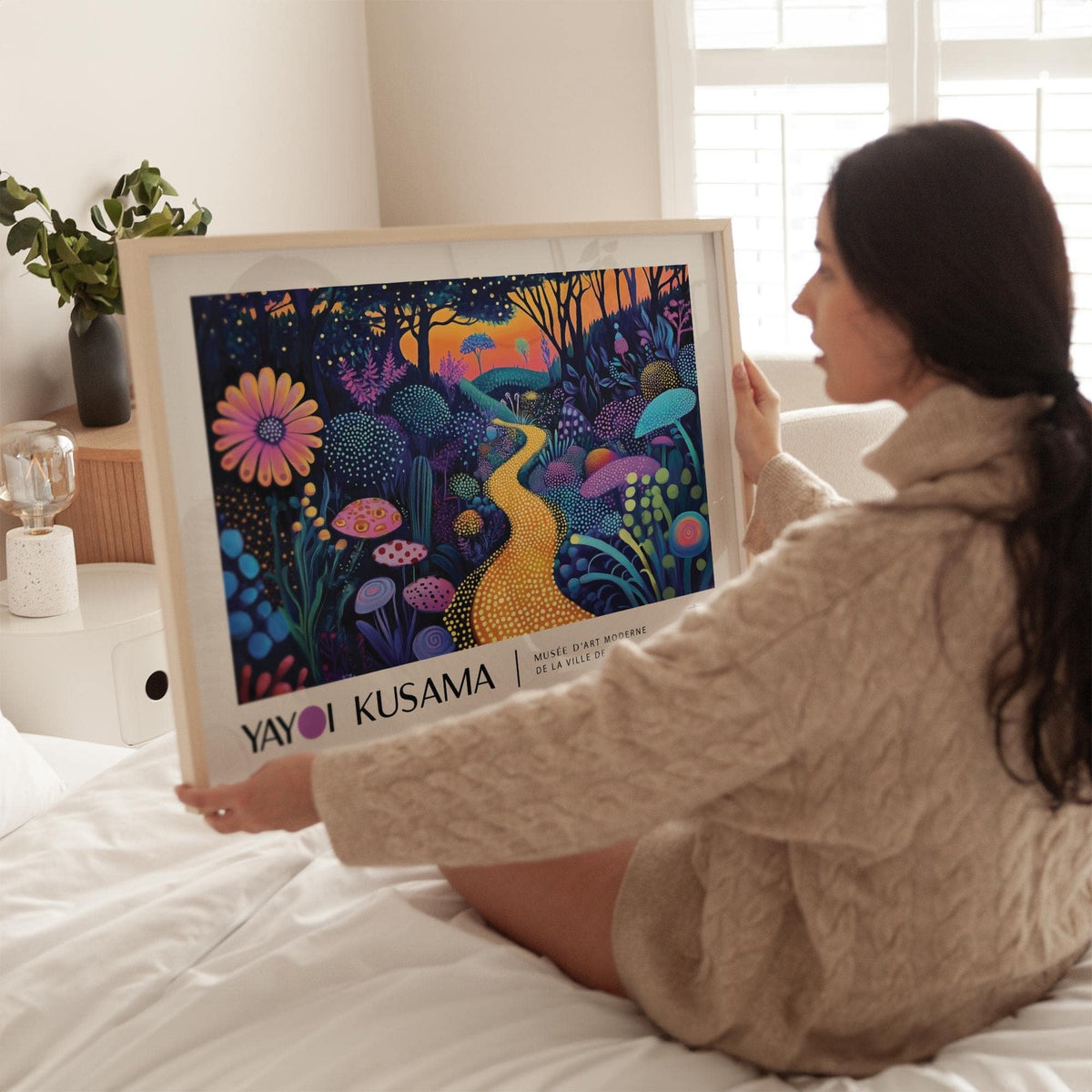 Mystical Prints wall art of an abstract glowing yellow path with colourful plants held by a woman