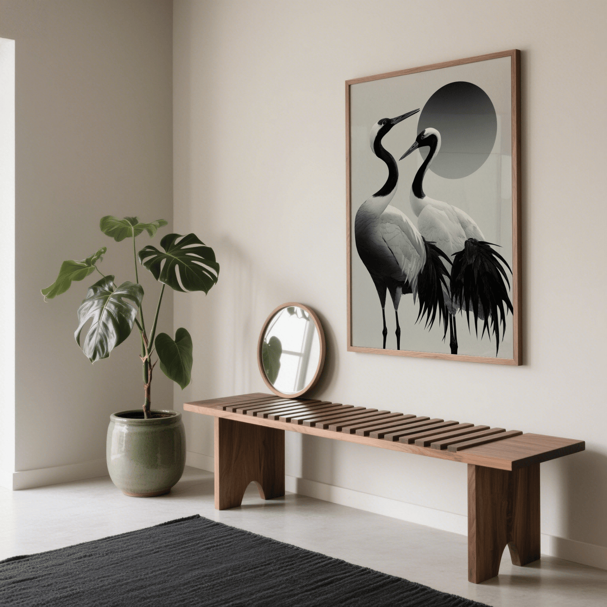 Black and white crane print hanging above wooden bench with round mirror and leafy plant