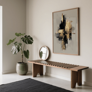 Gold Wabi Sabi Print on a wall in a minimalist room with a wooden bench and large green plant