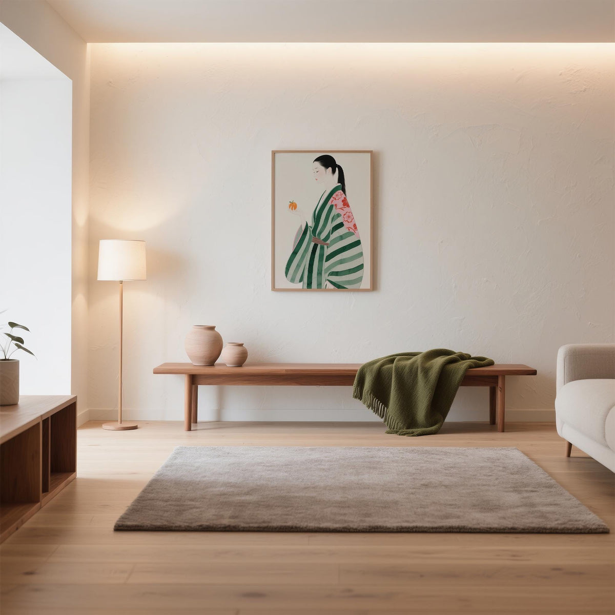 Unique wall art for living room showing a woman in kimono holding an orange above a wooden bench with vases
