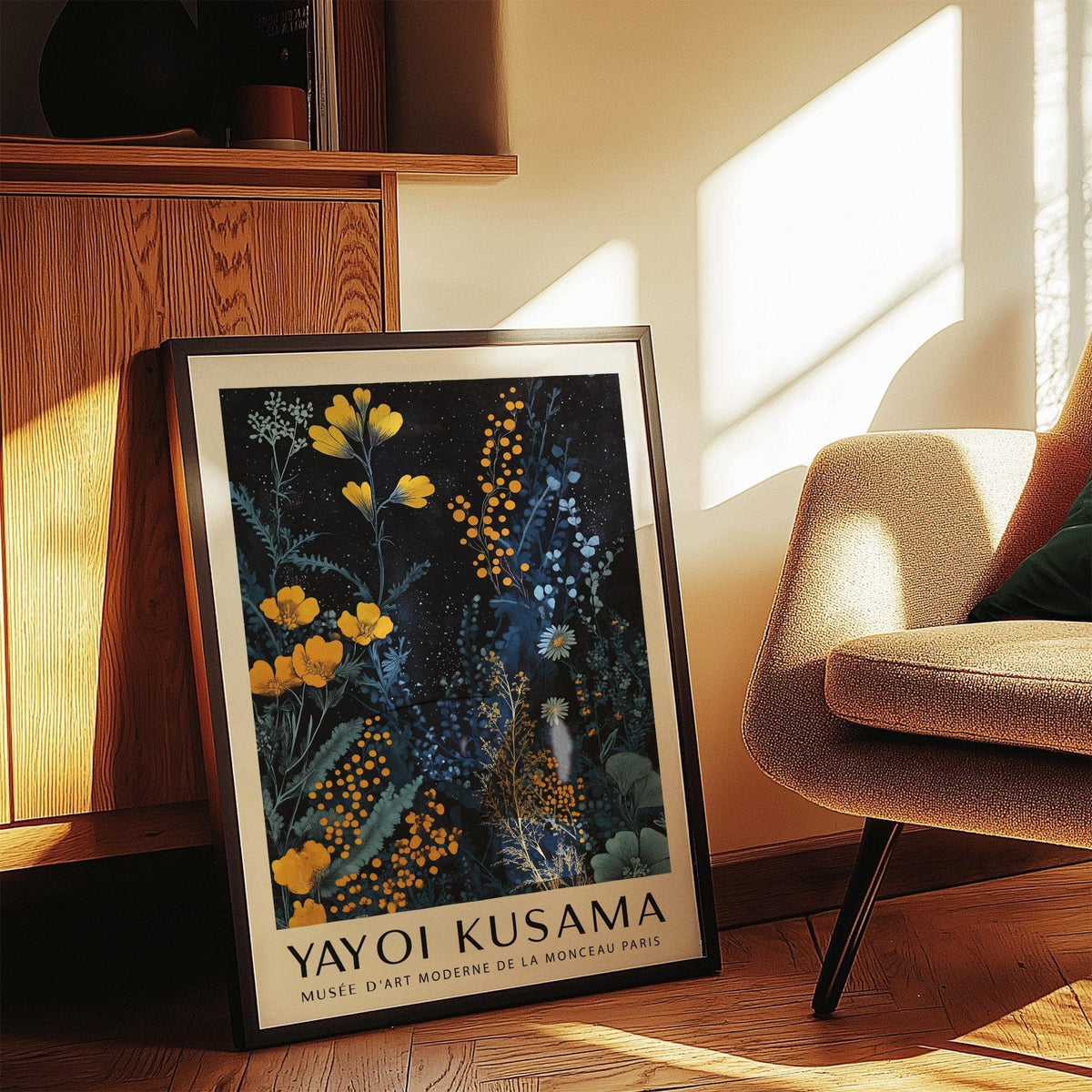 Decorative Kusama Museum style wall print with stylized leaf patterns
