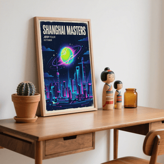 Shanghai Masters Tennis Print leaning on a desk with wooden dolls and a small cactus nearby