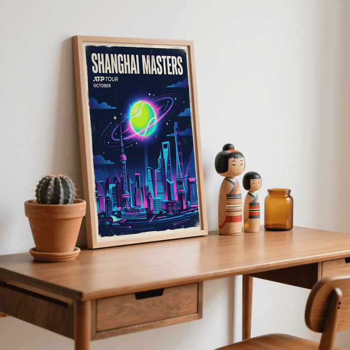 Shanghai Masters Tennis Print leaning on a desk with wooden dolls and a small cactus nearby