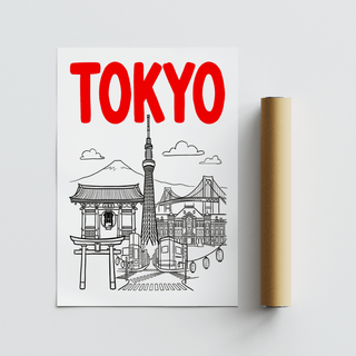 Tokyo City Wall Art rolled print with red typography and black line-art landmarks