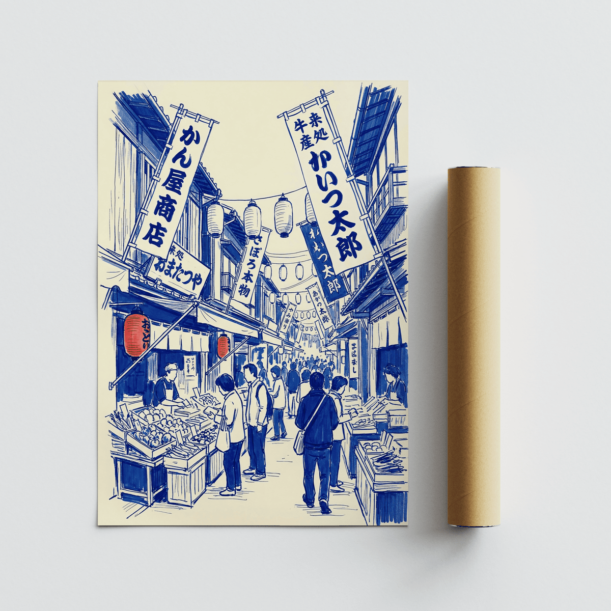 Japanese Market Art Print rolled print with packaging tube showing blue line-art style on cream background