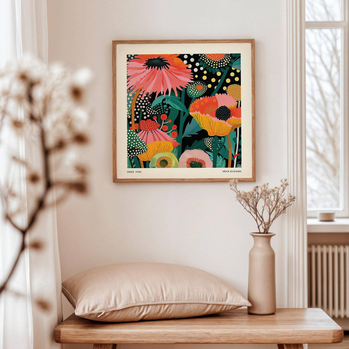 Floral wall hanging of stylized colourful flower bouquet above a wooden bench with beige cushion