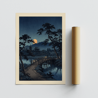Moonlit Bridge art print with moonlit bridge and pine trees, woodblock style with blue and orange hues