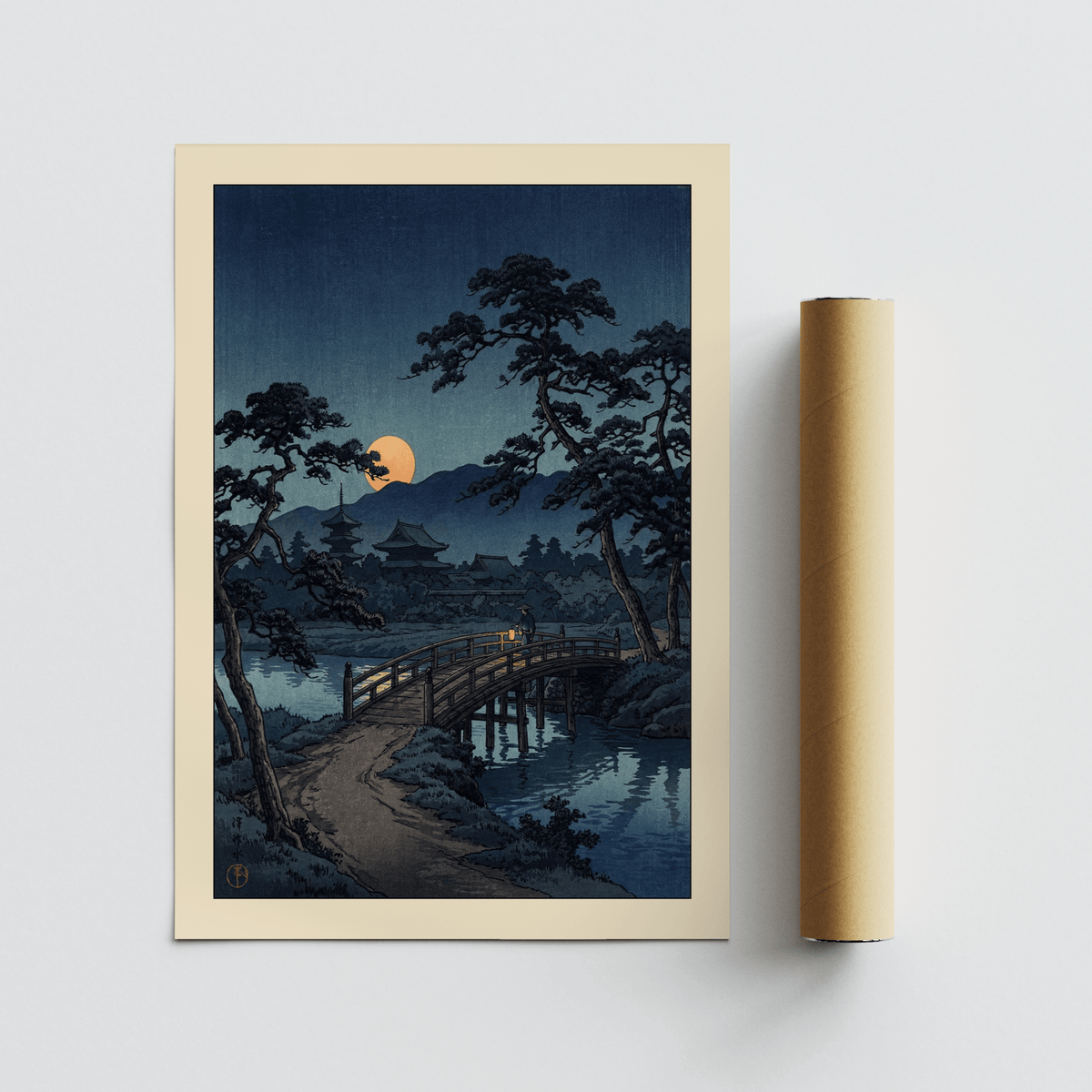 Moonlit Bridge art print with moonlit bridge and pine trees, woodblock style with blue and orange hues