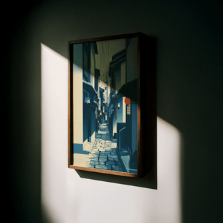 Framed Japanese Street wall art of a narrow Kyoto street with blue and cream tones in a shadowed setting