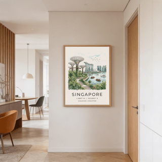 Singapore City Landscape Art hanging on a white wall above a light wood cabinet in a modern dining area