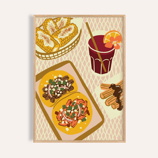 Framed Mexican food art print illustrating tacos, churros with chocolate, and a drink with orange slice
