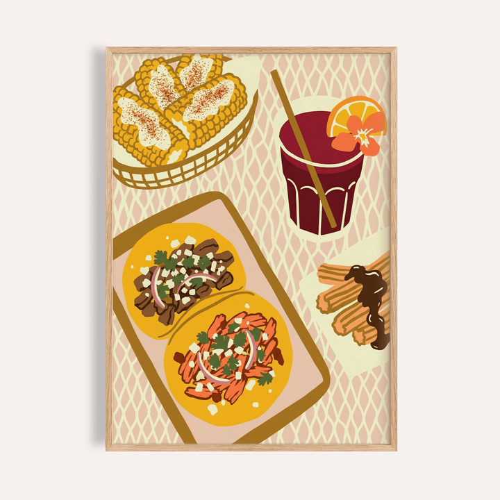 Framed Mexican food art print illustrating tacos, churros with chocolate, and a drink with orange slice