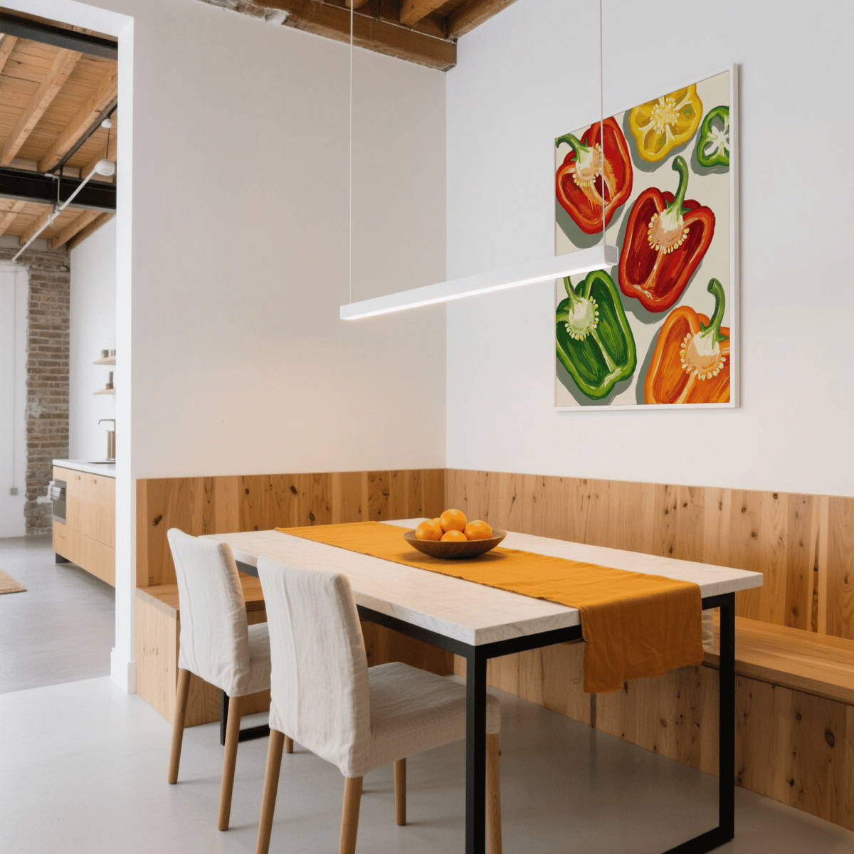 Bell Pepper Art print of colourful halved peppers in a kitchen dining area with orange table runner