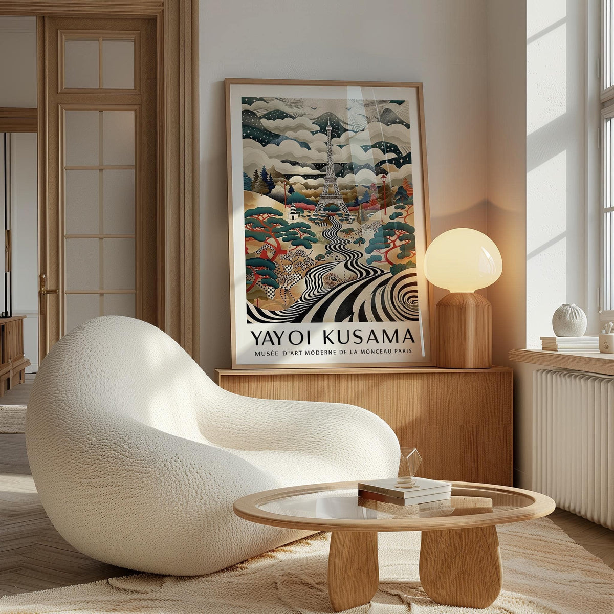 Eiffel Tower Art print leaning on a wooden sideboard with a rounded lamp beside it in a bright room
