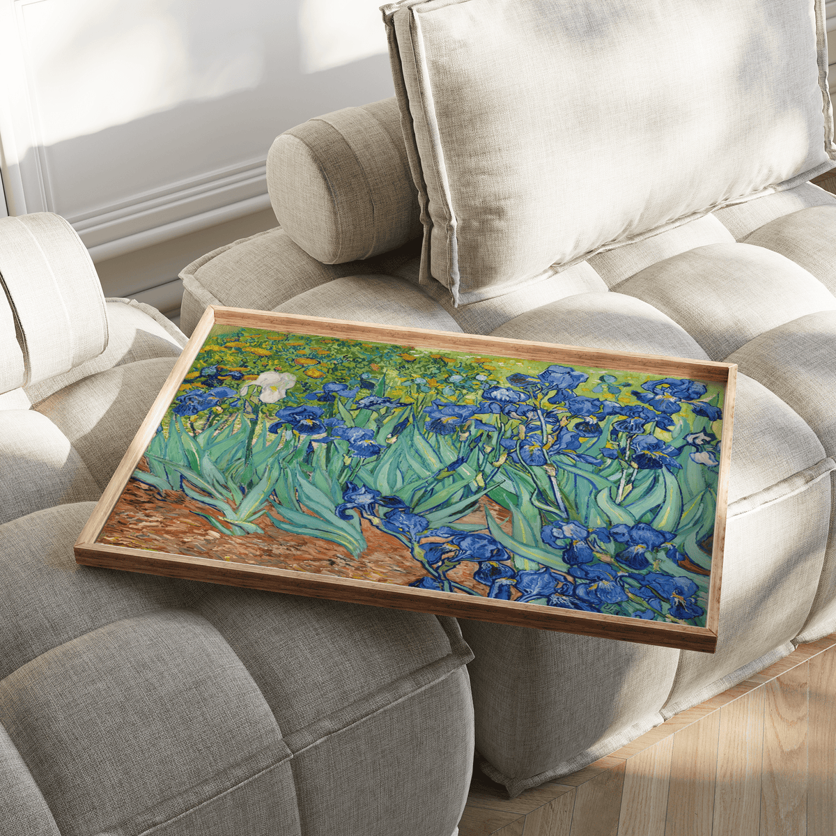 Tray with blue iris wall art featuring detailed botanical illustration in natural light