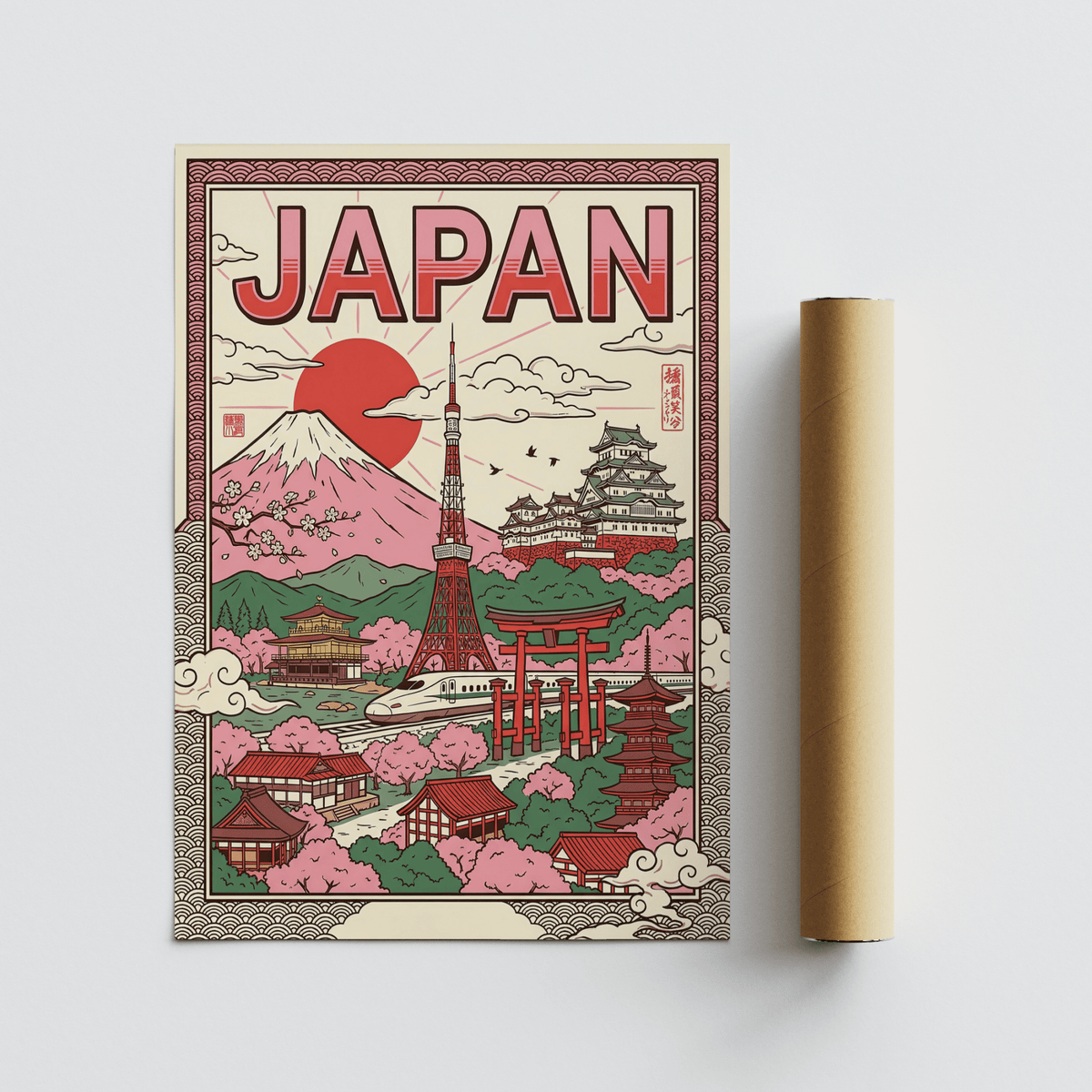 Japan wall art with Mount Fuji and landmarks next to a rolled packaging tube on a grey surface