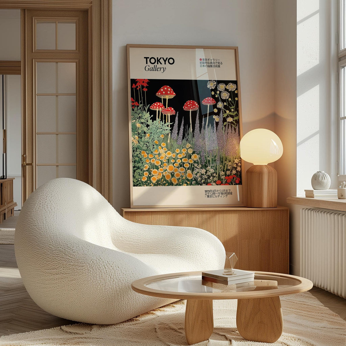 Art Prints Japanese leaning against a wooden cabinet with a glowing lamp in a cosy living space