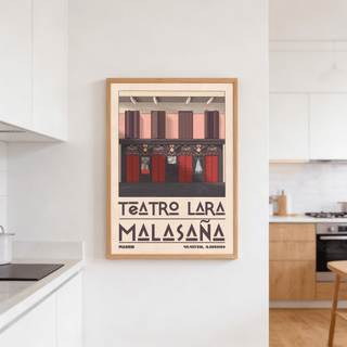 Print of Teatro Lara wall art with minimalist theatre facade in red and pink in a kitchen