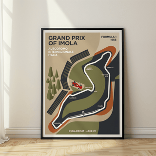 Framed Imola Circuit Map Poster with minimalist illustration in muted earth tones leaning on a wooden floor